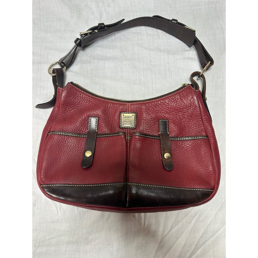 Dooney & Bourke Red Pebbled Leather Shoulder Bag Brown Trim Hobo Purse